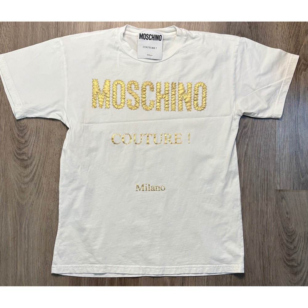 Moschino Couture Milano Mens T-Shirt White Gold Stitched Logo Crew size‎ XXS